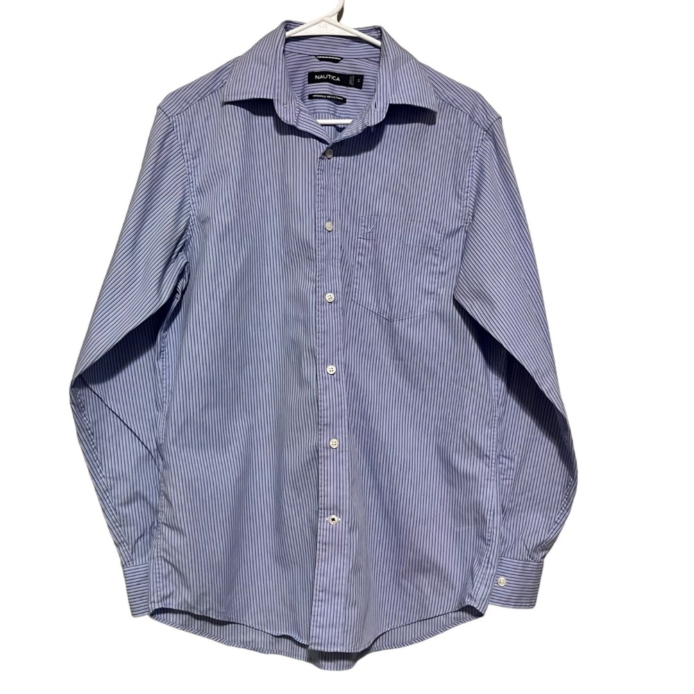Nautica Button Down Shirt Mens Blue Pinstripe Wrinkle Resistant Small